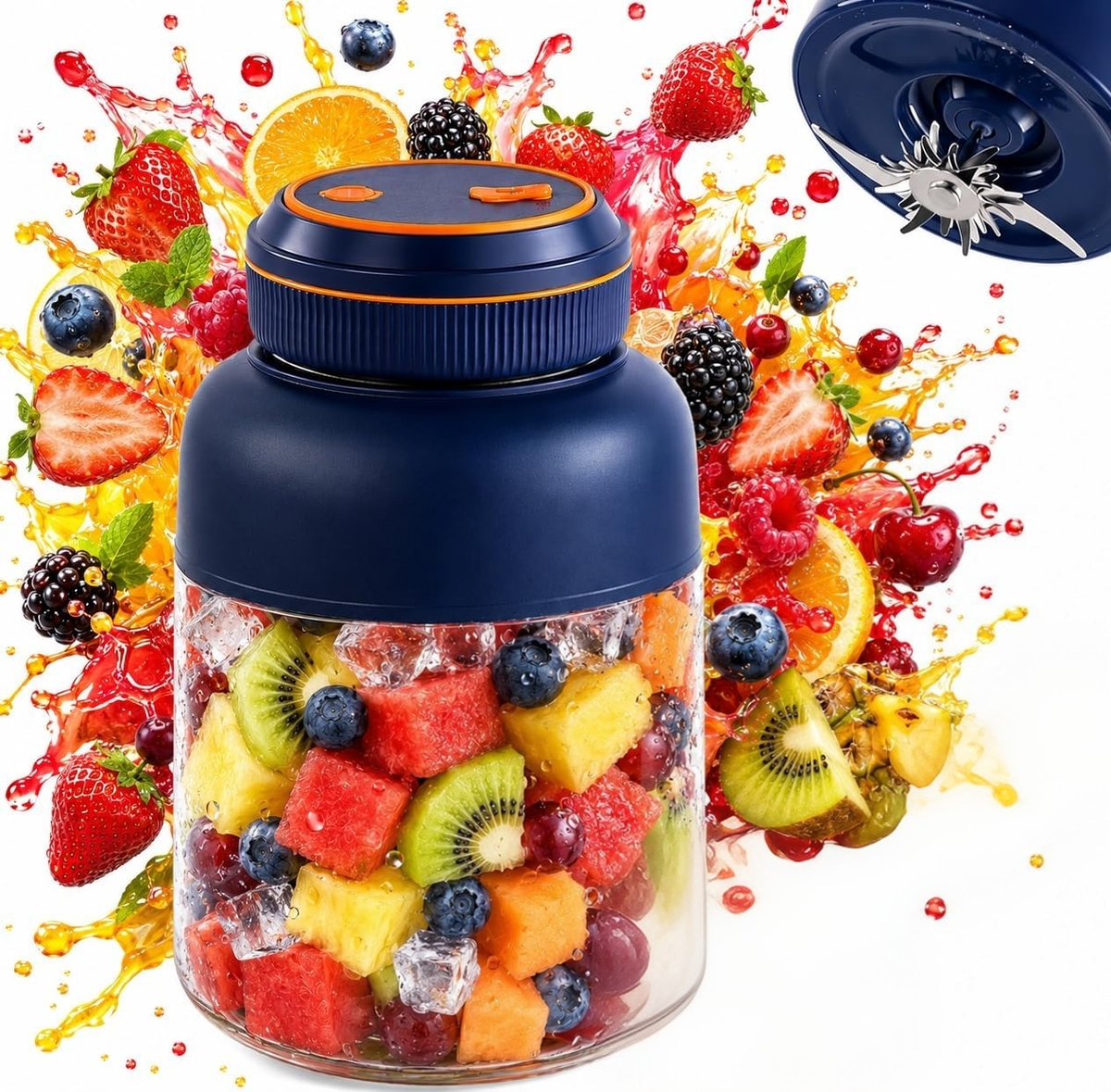 Blue portable blender with fruit pieces