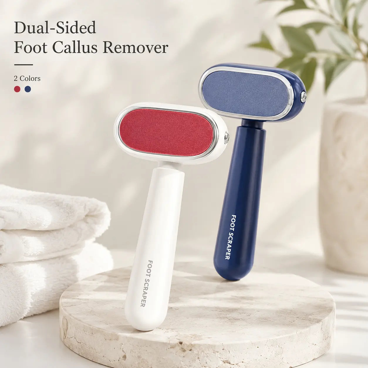 Red and blue color options for dual-sided foot callus remover