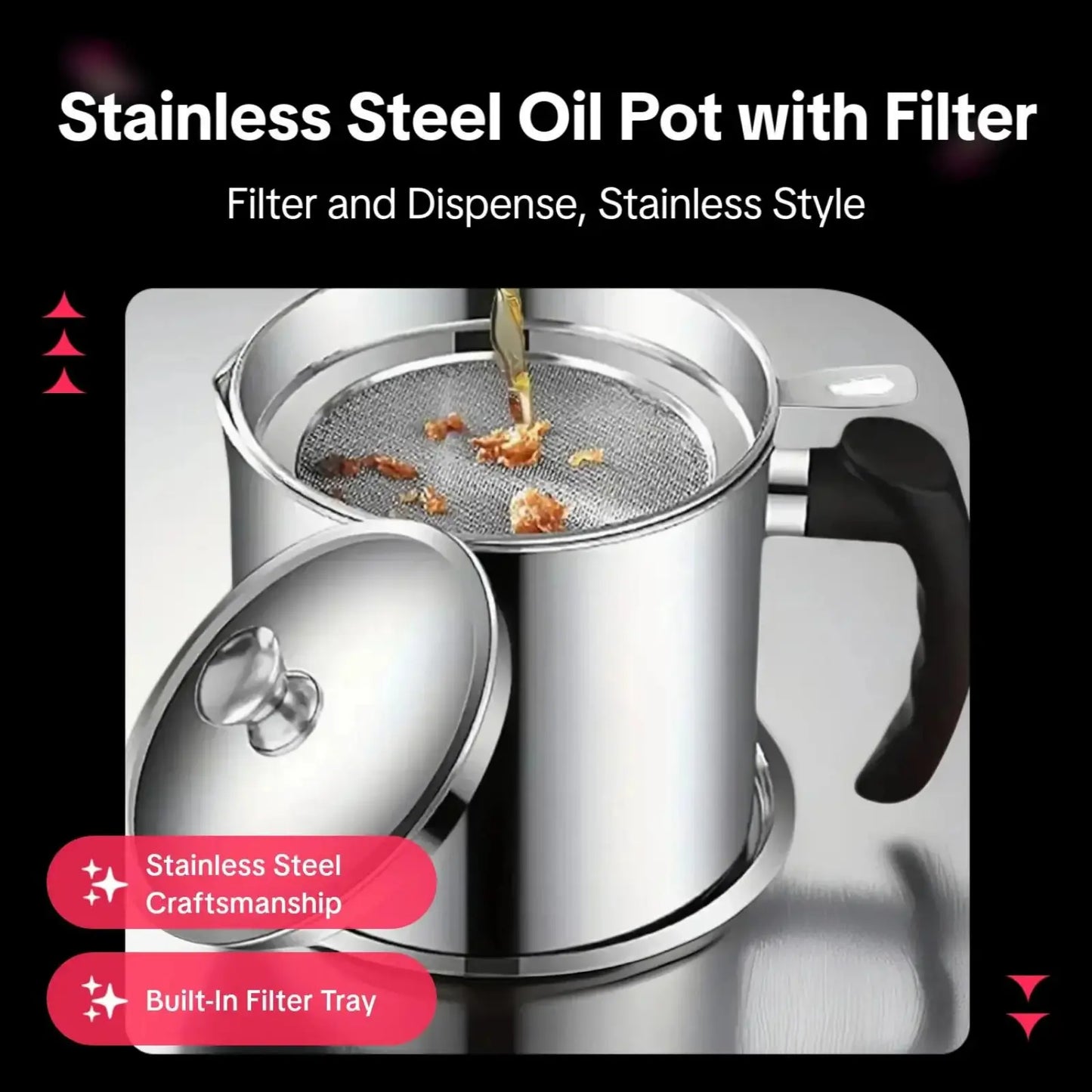 1-Count Stainless Steel Kitchen Oil Dispenser Container – Strainer & Tray Oil Can