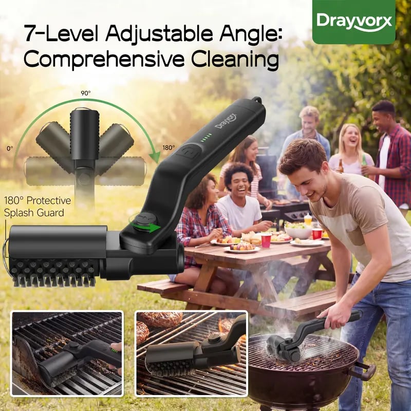 🔥2-in-1 Cordless Electric Grill Brush – High-Torque 3-Speed Motor, 7-Level Adjustable Angle, Steel Wire & Scouring Pad Heads, CSA-Certified for Grills & Pans.