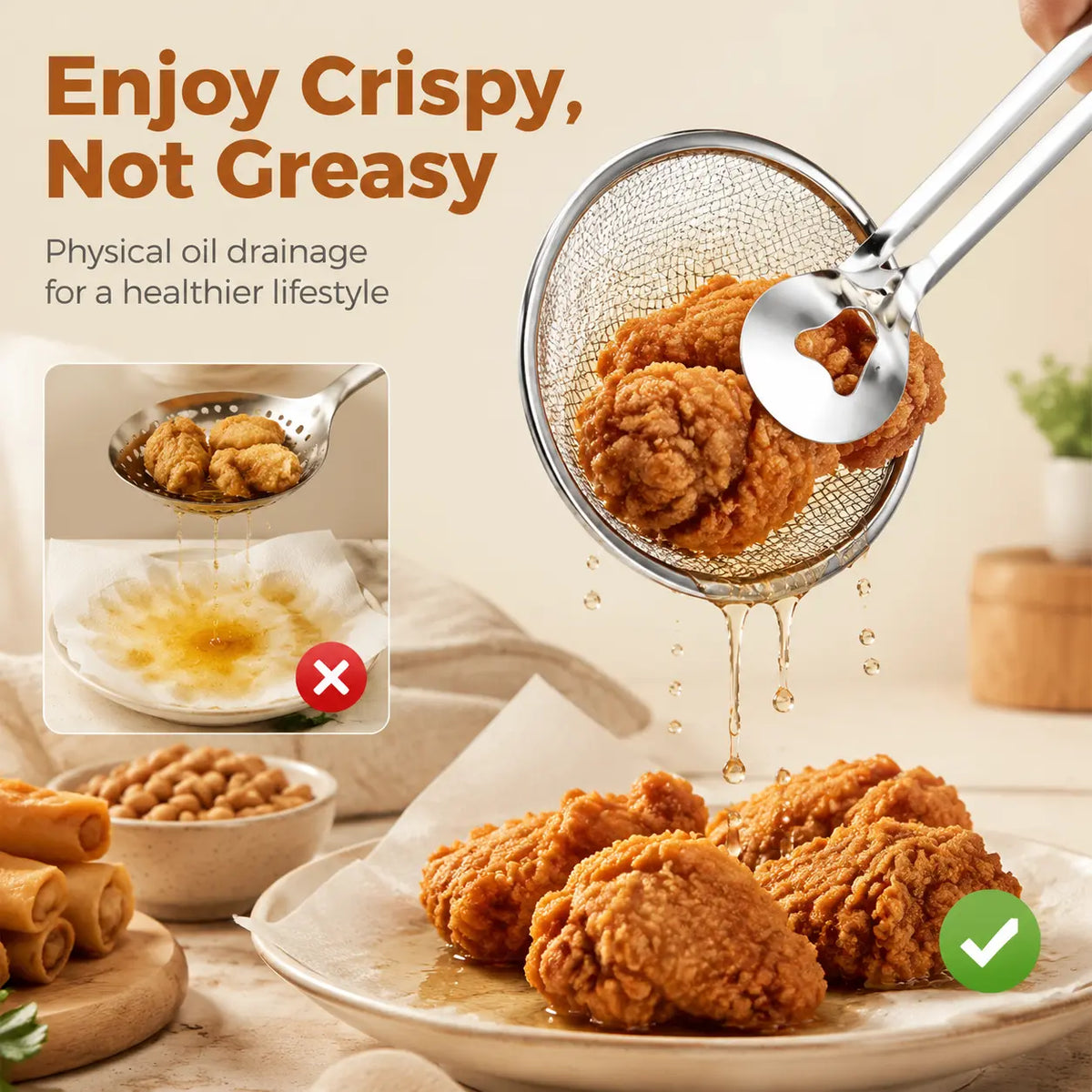 Fried chicken draining through the built-in mesh of the frying tongs