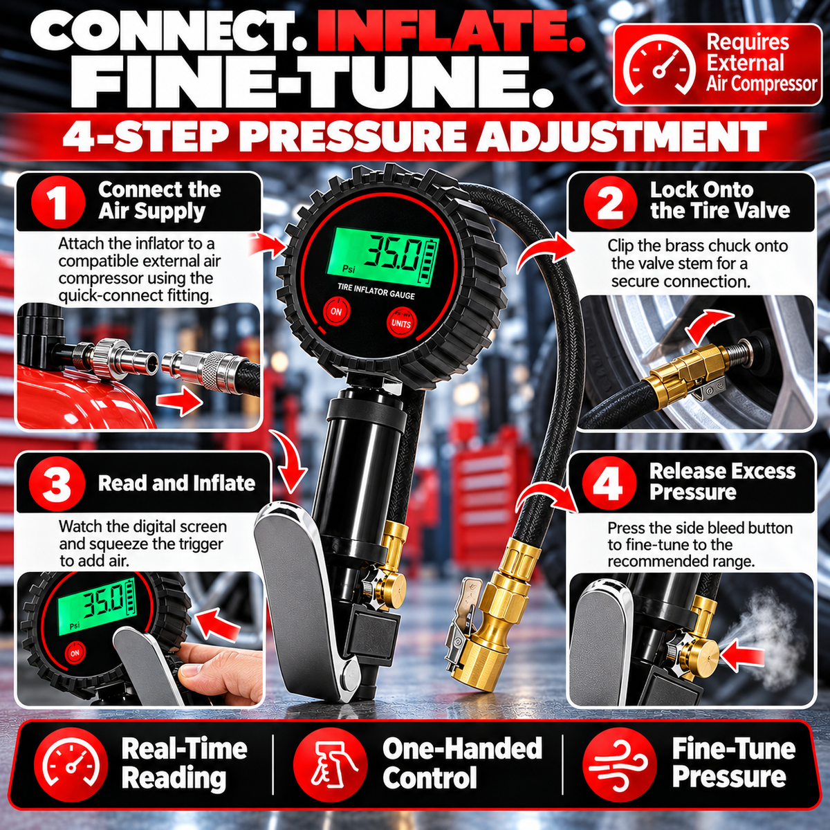 📟 200 PSI Digital Tire Inflator Gauge – 3-in-1 Air Chuck, Pressure Gauge & Bleeder