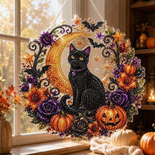 🔥Hot Sale 50% OFF-🎃Halloween Black Cat Moon Diamond Art Hanging Ornament Kit