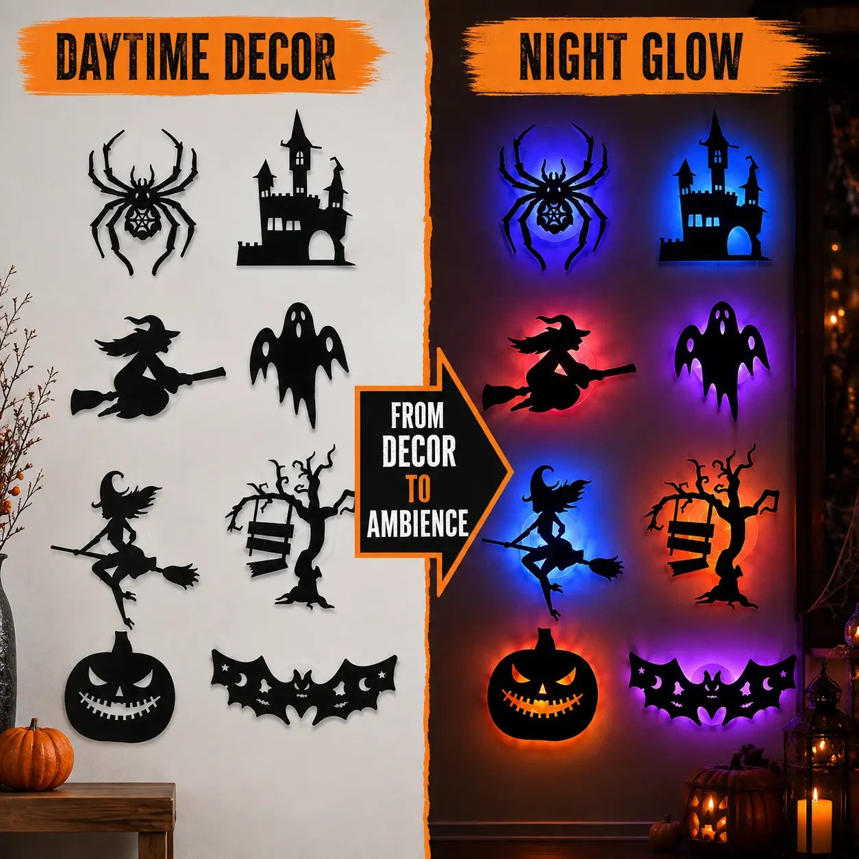 🔥Last Day 50% OFF - 🎃8 Pack Halloween LED Silhouette Wall Light Stickers, Battery Powered Peel & Stick Decor Lights