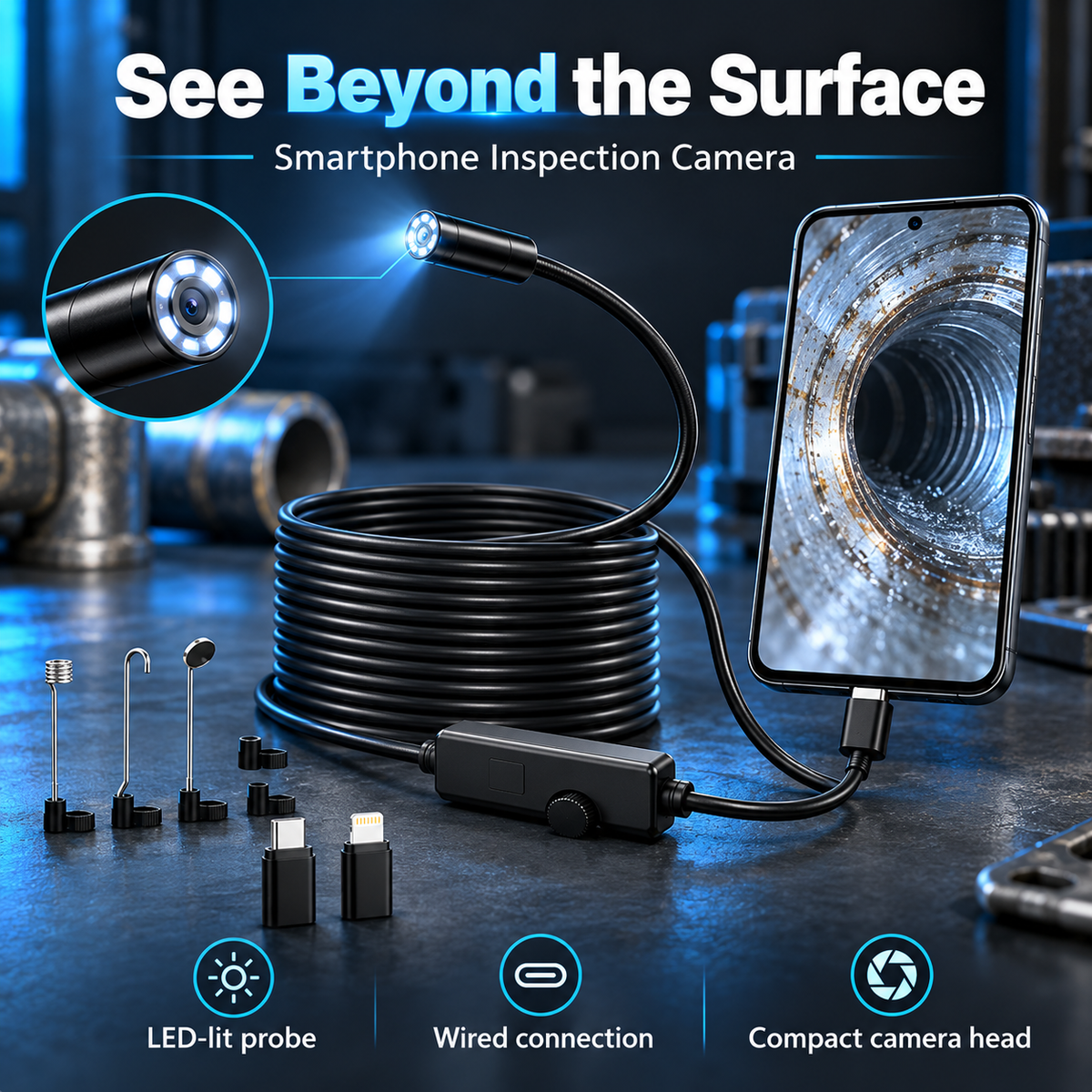 🔧 HD Inspection Camera – See Inside Tight Spaces 🔍