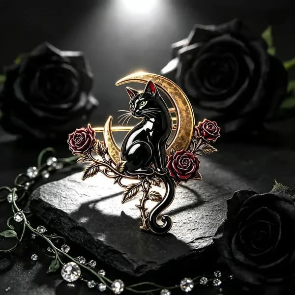🐈‍⬛ Black Cat Crescent Moon Brooch--Wear a Little Midnight Magic🌙