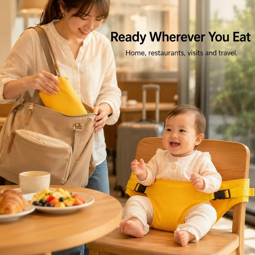 Portable baby chair harness used for restaurant visits and travel