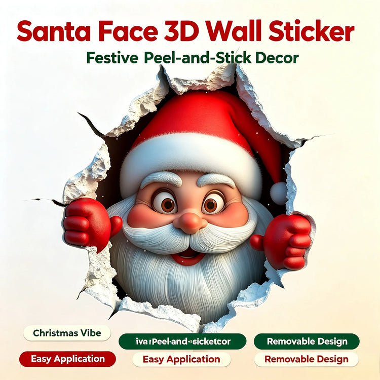 Santa face with a red hat and gloves, framed by a printed cracked-wall illusion.