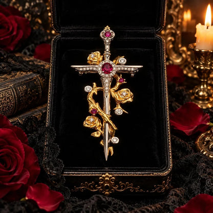 Gothic Rose & Dagger Brooch|Sculpted Golden Roses · Silver-Tone Blade· Ruby-Red Accents