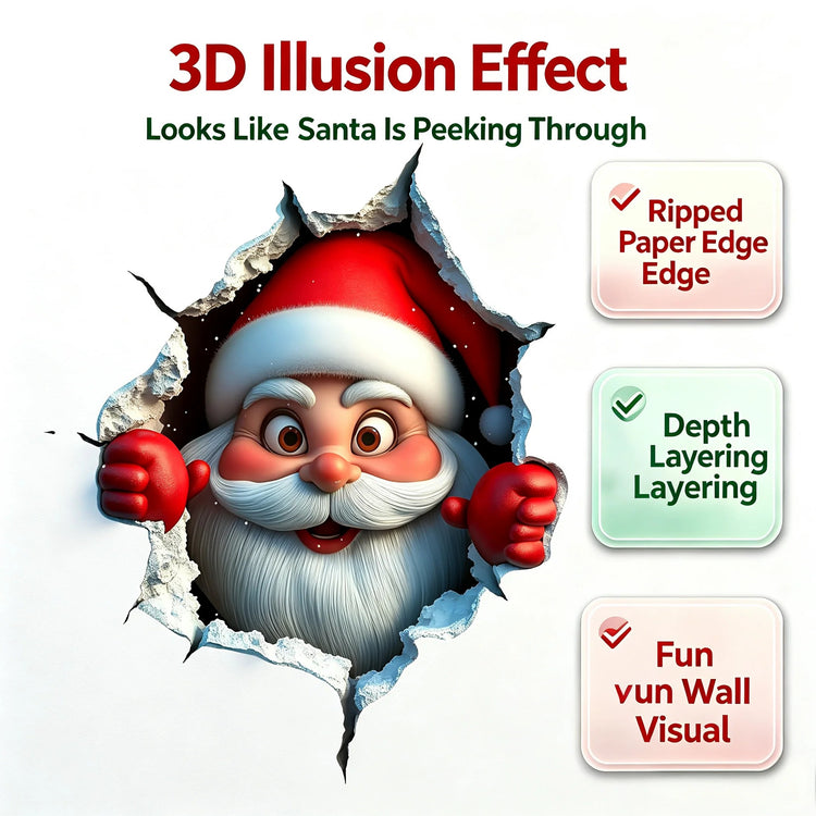 Santa peeking through a printed cracked-wall illusion with ripped-edge artwork and shaded details.