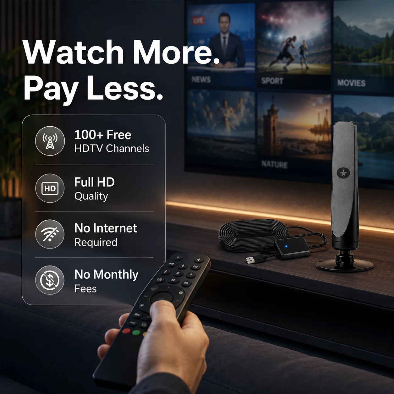 HDTV antenna shown with television entertainment options