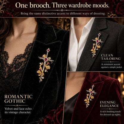 Gothic Rose & Dagger Brooch|Sculpted Golden Roses · Silver-Tone Blade· Ruby-Red Accents