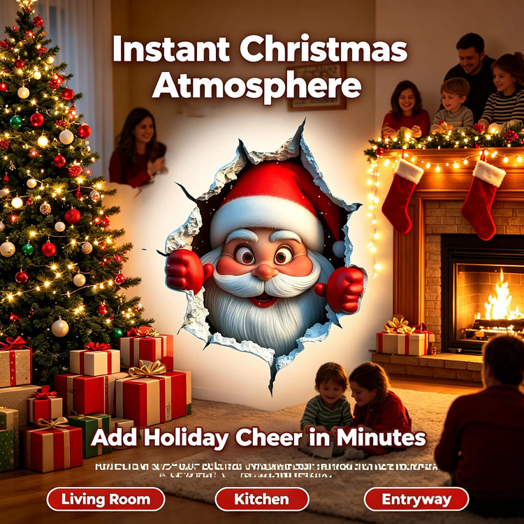 Santa peeking through a cracked-wall illusion in a Christmas room with a decorated tree, gifts and a fireplace.