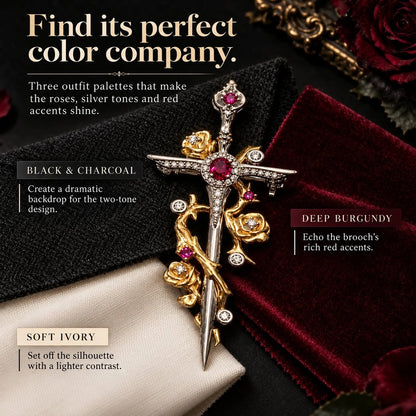Gothic Rose & Dagger Brooch|Sculpted Golden Roses · Silver-Tone Blade· Ruby-Red Accents
