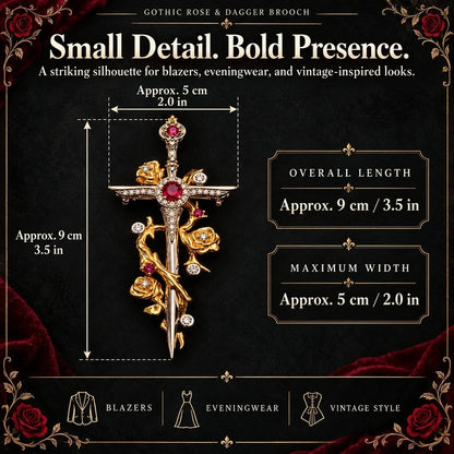 Gothic Rose & Dagger Brooch|Sculpted Golden Roses · Silver-Tone Blade· Ruby-Red Accents