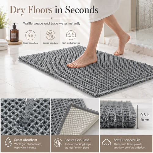 📢📢40% OFF !! ⏰Non Slip Water Absorbent Waffle Weave Bathroom Mat Solid Color Entrance Doormat