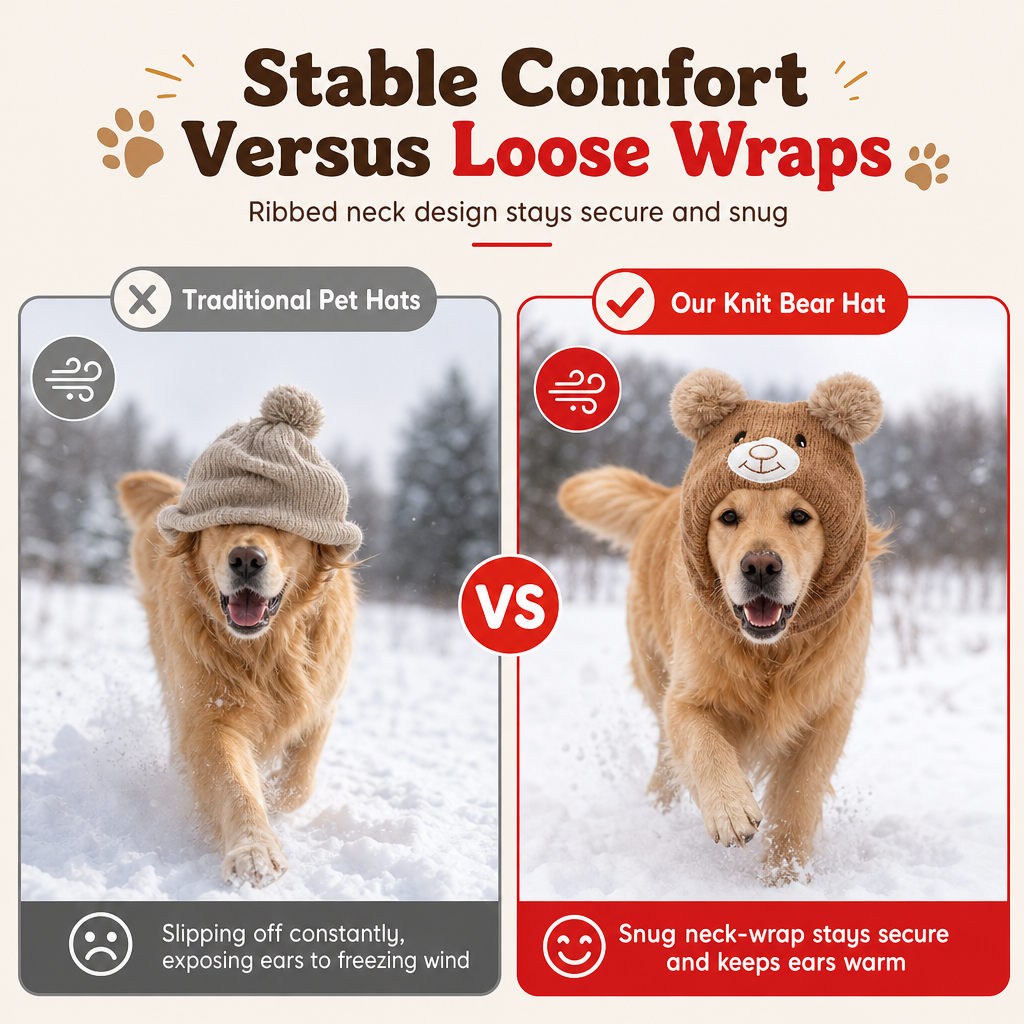 🐶 Plush Dog Winter Hat – Warm Ribbed Knit Hood with Double Pom-Poms