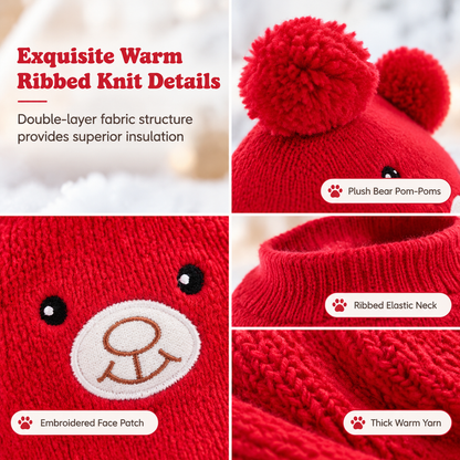 🐶 Plush Dog Winter Hat – Warm Ribbed Knit Hood with Double Pom-Poms