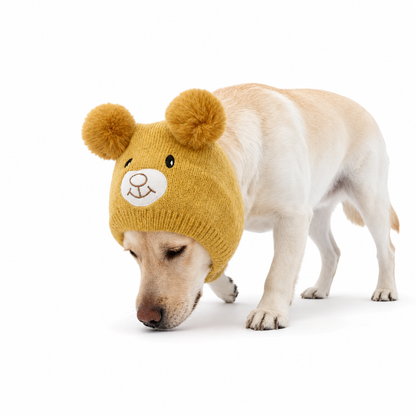 🐶 Plush Dog Winter Hat – Warm Ribbed Knit Hood with Double Pom-Poms