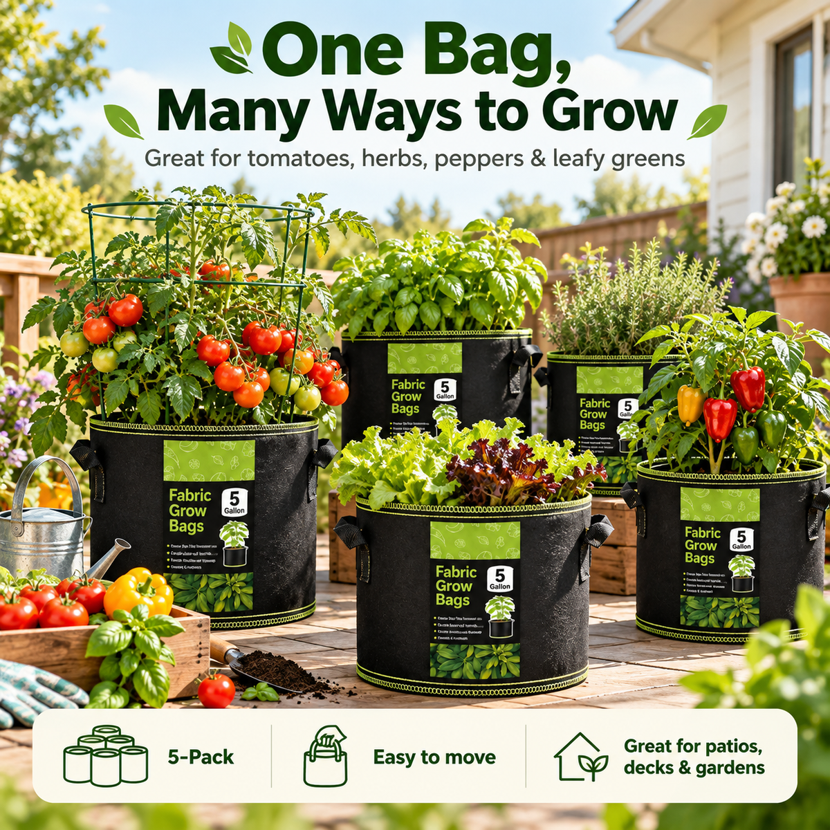 🌿 🥔Heavy Duty 5&10 Gallon Grow Bags 🥕🍅– Fabric Pots with Handles for Garden Plants